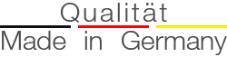 Schriftzug "Qualität made in Germany" mit einem Strich in den Farben der deutschen Flagge dazwischen