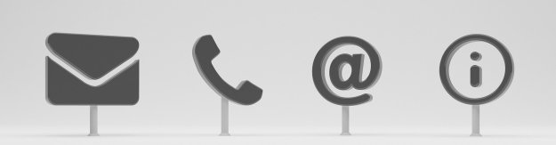 Symbole für Kontakt: ein Briefumschlag, ein Telefonhörer, ein at-Zeichen und ein großes I.