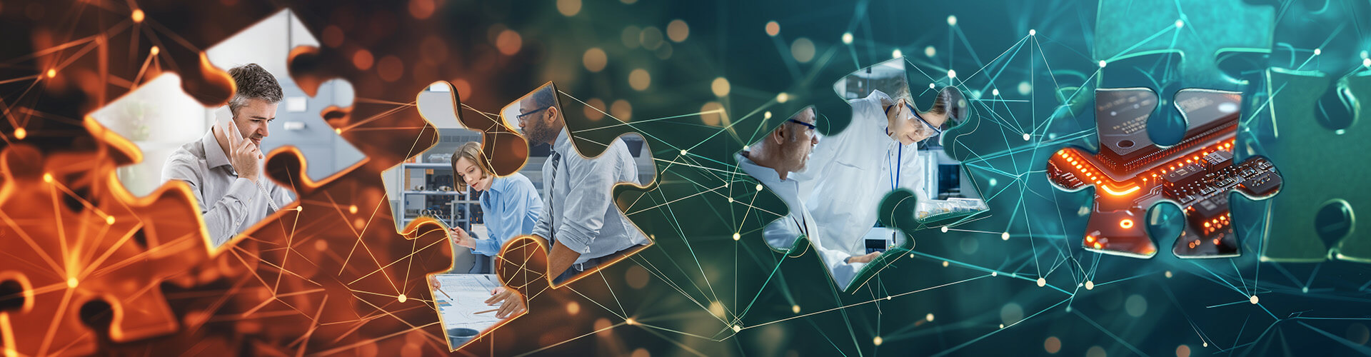 Puzzleteile mit Bildern zum Service vor einem orangenen und grünen Hintergrund