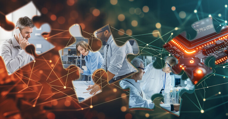 Von der Entwicklung zur Serienfertigung Puzzleteile mit Bildern zum Service vor einem orangenen und grünen Hintergrund