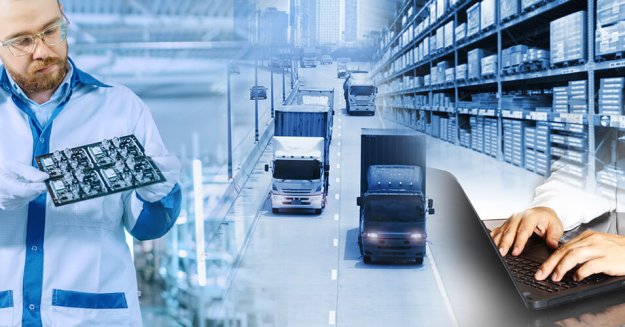 Eine Collage zum Thema Materialbeschaffung mit Händen, die auf einem Laptop schreiben, LKWs af einer Straße und einem Mann, der eine Leiterplatte hält.