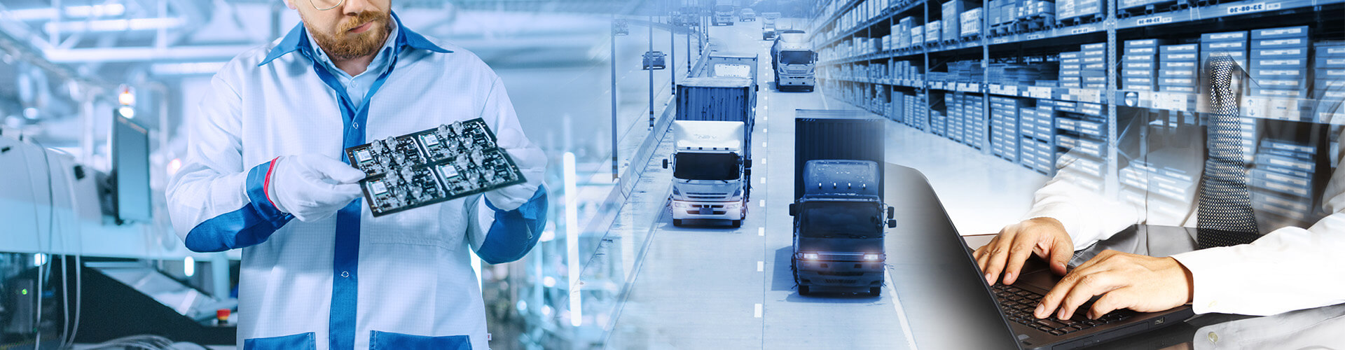 Eine Collage zum Thema Materialbeschaffung mit Händen, die auf einem Laptop schreiben, LKWs af einer Straße und einem Mann, der eine Leiterplatte hält.