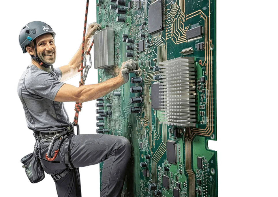 Ein Mann mit Kletterausrüstung klettern eine bestückte Leiterplatte hoch; KI-generiert